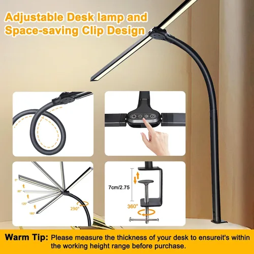 Miniatura 2 de lámpara de escritorio LED de doble cabezal para oficina - lámpara para el cuidado de los ojos con abrazadera, luz de escritorio de cuello de ganso