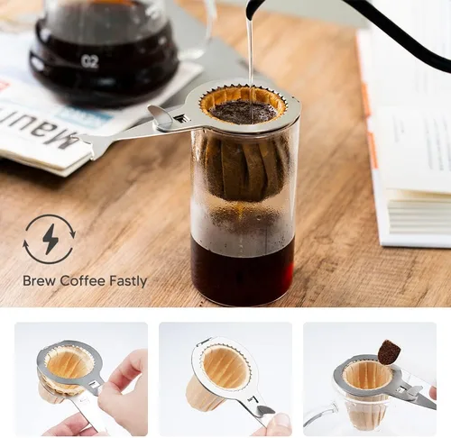 Miniatura 5 de Filtro gotero de café reutilizable, filtro de café permanente hecho de acero inoxidable para una sola taza de café + bolsas de filtro, 40 piezas