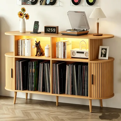 Miniatura 8 de Soporte para tocadiscos de 35.4 pulgadas con almacenamiento, gabinete de almacenamiento de discos de vinilo y consola multimedia con capacidad