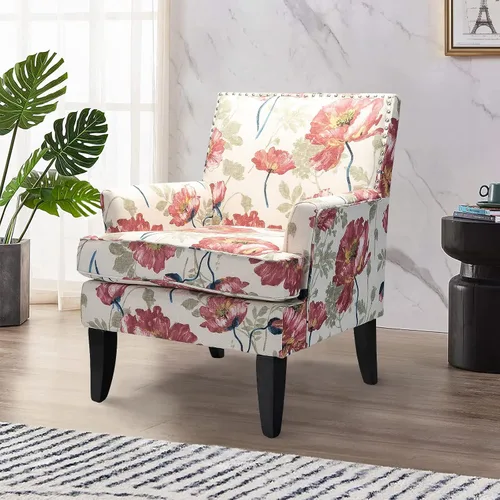 HULALA HOME Silla decorativa moderna con brazos y patas de madera, silla decorativa de mediados de siglo, respaldo alto, reposabrazos acolchado y