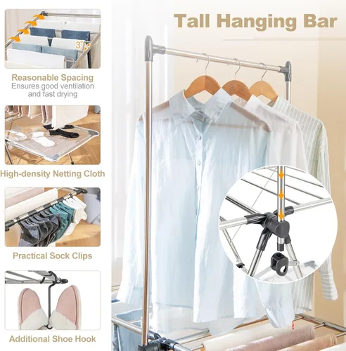 Miniatura 3 de Tangkula Estante de secado de ropa plegable, estante de secado de ropa de 2 niveles con barra colgante alta, ala de gaviota ajustable en altura