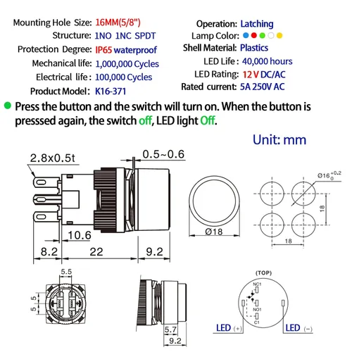 Miniatura 2 de 3 unids 0.630 in interruptor de botón momentáneo rectángulo 12V DC LED luz verde certificación UL 5/8 "agujero de montaje 1NO 1NC SPDT 5pin