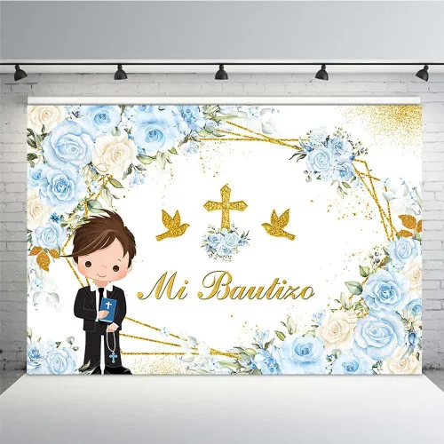 Miniatura 8 de MEHOFOND Mi Bautizo - Telón de fondo para niña, fondo de bautismo floral rosa con cruz dorada, fondo bohemio para bautizo de primera comunión, fondo