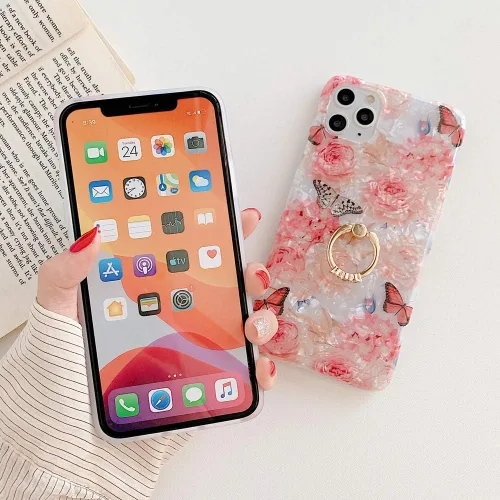 Miniatura 3 de Qokey - Funda compatible para iPhone XR, hermoso diseño de flores, para mujer y niña, con anillo giratorio de 360 grados, TPU suave, a prueba