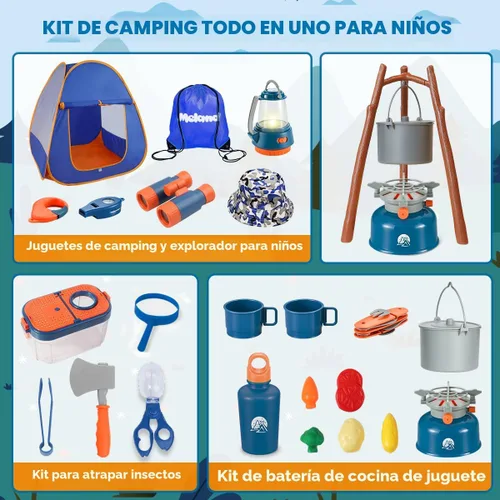 Miniatura 5 de Meland Juego de camping para niños con tienda de campaña, juguete de equipo de campamento con juego de simulación, juguete al aire libre para niños