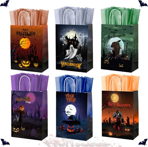 BLEWINDZ 24 bolsas de regalo de papel de Halloween con pañuelos, bolsas de golosinas de Halloween con asa para truco o trato y recuerdos de fiesta