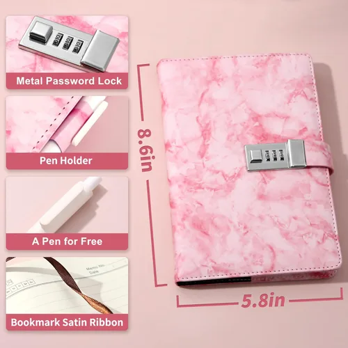 Miniatura 2 de Diario de mármol CAGIE con cerradura para niñas y mujeres, diario secreto impermeable con cerradura de 192 páginas para niñas con bolígrafo, diarios