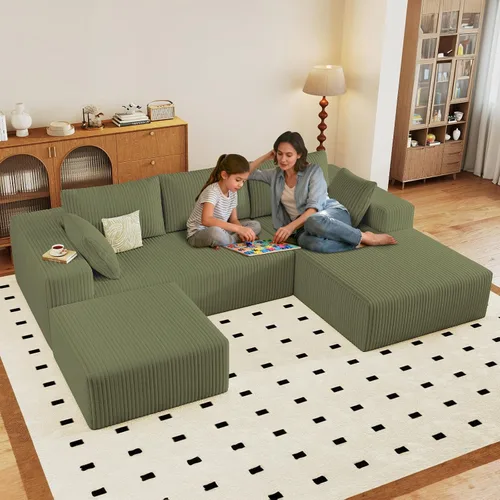 Miniatura 29 de Sofá modular Cloud de 95 pulgadas con otomana, moderno sofá nube en forma de U con asiento profundo, cómodo sofá de pana de 3 plazas, sofá de espuma