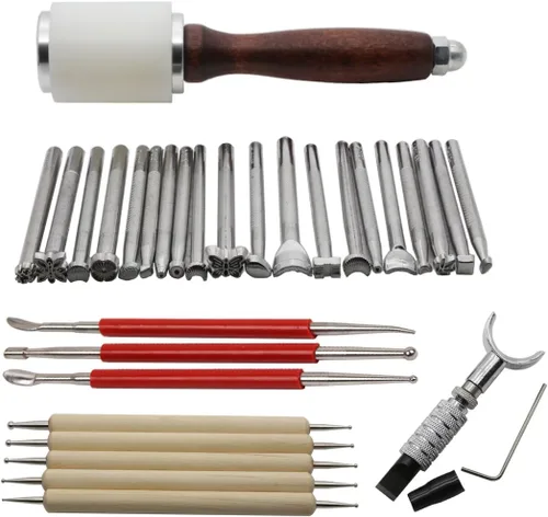 Juego de 20 herramientas de tallado de cuero para tallar cuero para hacer sillín de trabajo, martillo de bricolaje giratorio de cuero para modelar y