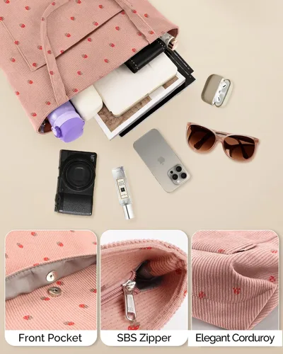 Miniatura 6 de Prite Bolsa de pana para mujer, bolsa de hombro grande con cremallera y bolsillos para la universidad, trabajo, viajes, compras