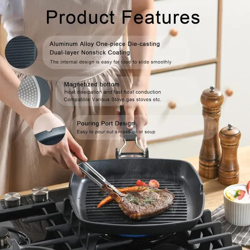 Miniatura 3 de SKITCHN Sartén Parrilla Antiadherente con Mango Plegable - Sartén KBBQ Compatible con Inducción para Estufas, Parrilla BBQ Cuadrada