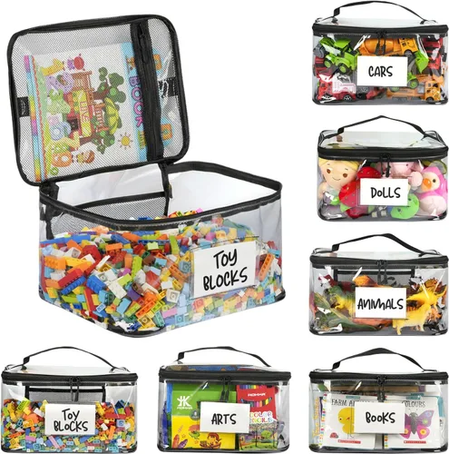 Paquete de 6 bolsas de almacenamiento de juguetes extra grandes con cremalleras y etiquetas, organizador reutilizable de TPU transparente