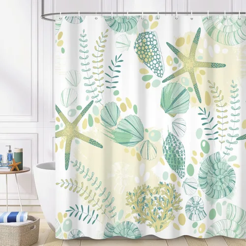 Miniatura 12 de Cortina de ducha náutica costera, cortina de baño con temática de playa y océano, decoración de baño con estrella de mar, coral, concha marina, tela