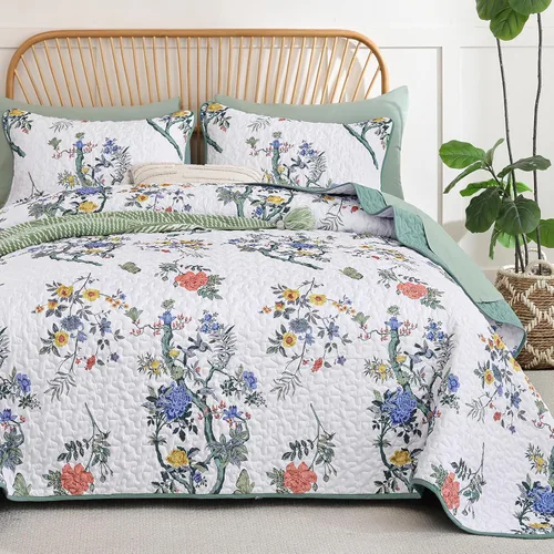 Miniatura 19 de WONGS BEDDING Juego de edredón floral matrimonial, juego de colcha con patrón botánico azul para mujeres, adolescentes y niñas, juego de ropa