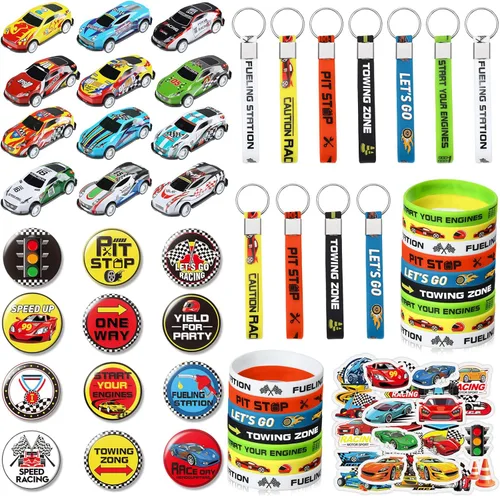 Juego de 98 piezas de suministros de fiesta de autos de carreras, juego de decoración temática de cumpleaños con mini autos de carreras, juguetes de