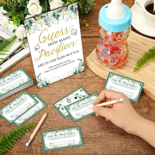 Miniatura 5 de Syhood Greenery Baby Shower Games Guess How Many Pacifiers Sage Game Signal, 50 pequeños juegos de adivinanzas, 20 lápices HB, botella de leche
