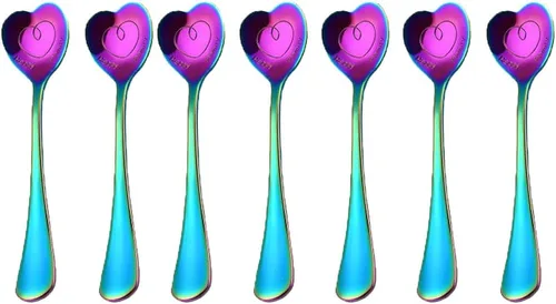 Miniatura 10 de Juego de 7 cucharas en forma de corazón de acero inoxidable, incluye café, postre, helado, té y cucharas de amor, perfecto y lindo (morado)