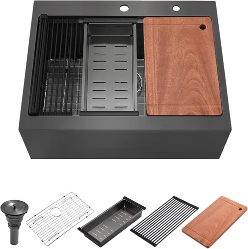Luckyhorse LH008SZ - Fregadero de cocina negro de 28 x 22 pulgadas con caída en la parte superior, estación de trabajo, fregadero de cocina con