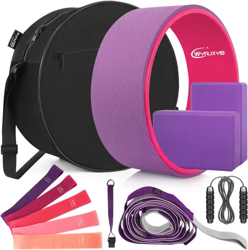 Juego de ruedas de yoga 11 en 1, rodillo trasero y 2 bloques con correa, bandas de resistencia, cuerda de salto, bolsa de transporte, kit de inicio