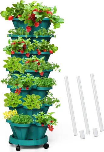Miniatura 19 de Macetas verticales de fresa, paquete de 2 unidades, torre apilable de 5 niveles con poste de soporte, macetas apilables para hierbas y verduras