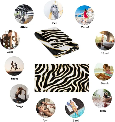 Miniatura 5 de Juego de toallas de baño de 3 piezas, toallas de baño con estampado de cebra de animal negro bohemio, toallas suaves y absorbentes para baño