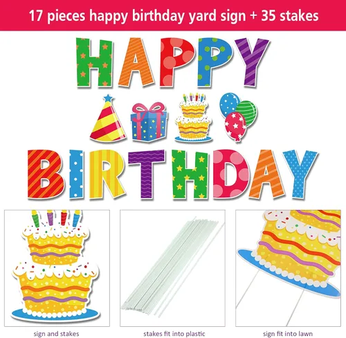 Miniatura 2 de Yulejo Letreros de feliz cumpleaños de 17 piezas, letras de 16 pulgadas, letreros de césped con estacas, impermeables, multicolor