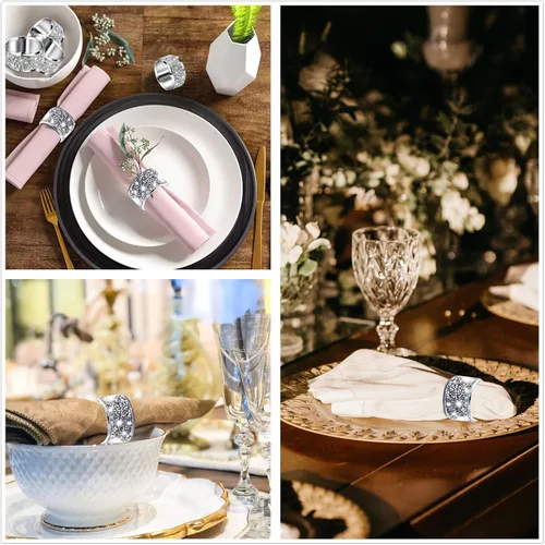 Miniatura 6 de Juego de 12 servilleteros de diamantes de imitación plateados, servilleteros de cristal triturados con hebillas para cena, boda, fiesta, vacaciones