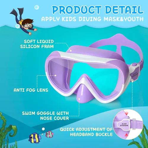 Miniatura 5 de Máscara de natación para niños, máscara de buceo de esnórquel de 180°, gafas de natación antivaho para niños con cubierta para la nariz, gafas