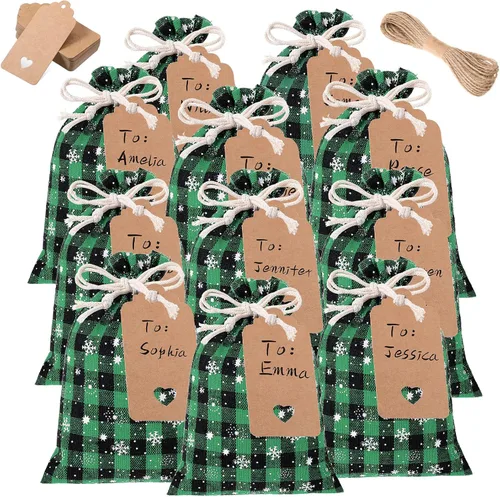 Miniatura 9 de Shappy 24 bolsas de Navidad con cordón, bolsas de arpillera a cuadros de Navidad, bolsas de lino con cuerda de 32.8 pies, 24 tarjetas