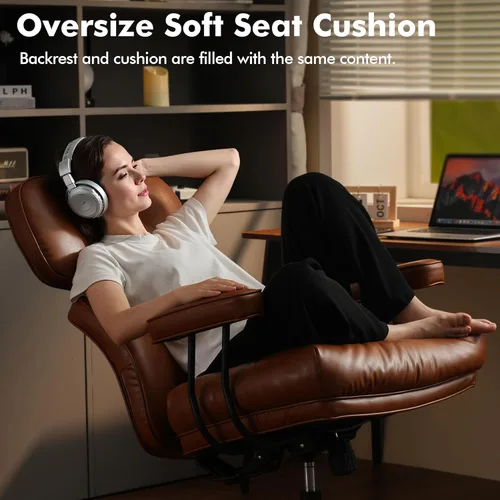 Miniatura 3 de Silla de oficina ejecutiva de respaldo alto con cómodo asiento profundo, silla de oficina moderna de piel sintética marrón, silla de escritorio