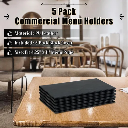 Miniatura 5 de Fundas para menú de restaurante de 4.25 x 11 pulgadas, paquete de 5 paneles de cuero sintético con triple pliegue, 4 esquinas anguladas, color negro