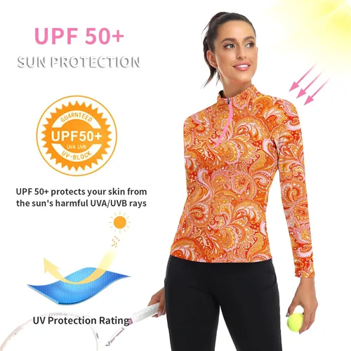 Miniatura 90 de WOWENY Camiseta deportiva de manga larga para mujer, con cremallera de un cuarto, cuello para entrenamiento, camiseta de tenis con estampado