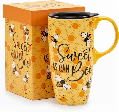 Topadorn Taza de cerámica de café de porcelana con tapa en caja de regalo de 17 onzas, tazas de café novedosas para hombres, mujeres, oficina y Abeja