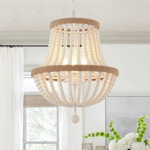 Lámpara de araña bohemia de 3 luces de granja, luz colgante de cuentas de madera, lámpara colgante rústica antigua para cocina, isla, pasillo, Blanco