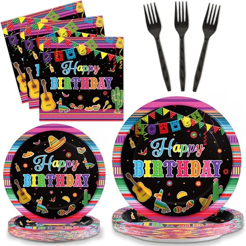 Tevxj Juego de vajilla de 96 piezas para fiesta mexicana de feliz cumpleaños, platos de postre desechables, platos de fiesta, servilletas, tenedores