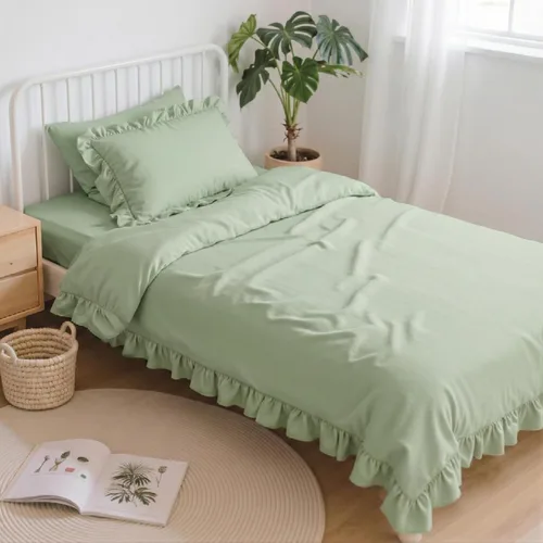 Miniatura 14 de Anluoer - Juego de cama individual con edredón de 5 piezas, rosa en una bolsa con sábanas, juego de ropa de cama de todos los días con volantes