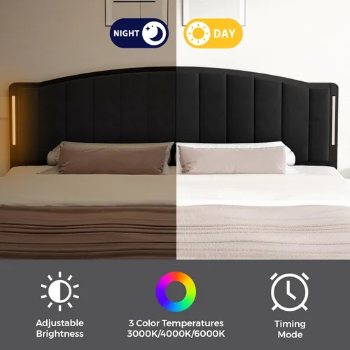 Miniatura 4 de Cabecera para cama tamaño Queen con luces LED, cabecera tapizada de canal vertical acolchonado, solo cabecero de terciopelo, marco de fijación