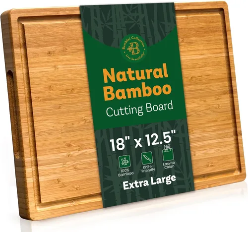 Miniatura 16 de Juego de 4 tablas de cortar de bambú, tablas de cortar de madera para cocina con ranura para jugo, bloque de carnicero grande, tabla de queso
