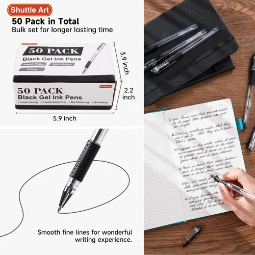 Miniatura 3 de Shuttle Art Bolígrafos de gel negros, paquete de 50 bolígrafos de tinta negra de punta fina a granel, bolígrafos de tinta de gel de 0.020 in