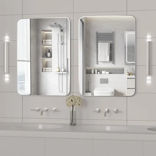 Miniatura 14 de Manocorro - Espejo de baño de esquina redonda, 20 x 28 pulgadas, color plateado Lightweight,wall mounted,HD tempered glass,sturdy aluminum