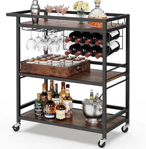 Leteuke Carrito de Bar para el Hogar, Carro de Servicio con Ruedas de 3 Niveles en Negro, Carro de Bebidas, Soporte de Licores con Bandeja