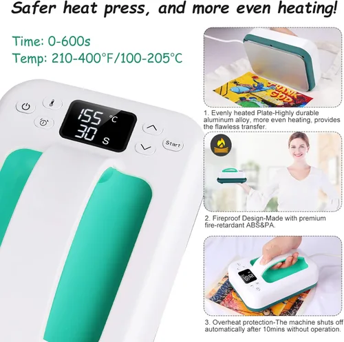 Miniatura 6 de Máquina de Prensa de Calor para Camisetas, 7" × 4.8" Portátil de Calentamiento Rápido Mini Prensa Fácil con Función de Temporización y Base Aislada