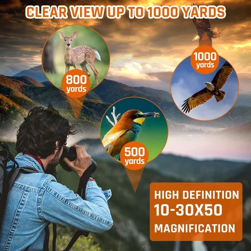Miniatura 6 de Prismáticos 10-30x50 con Zoom para Adultos, Prismáticos Militares de Alta Potencia para Observación de Aves, Viajes, Caza, Conciertos con Vista