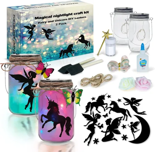 2Pepers Kit de Manualidades DIY de Luz Nocturna de Hadas y Unicornio (Paquete de 2), Frascos de Linterna de Hadas Artes y Manualidades para Niñas,