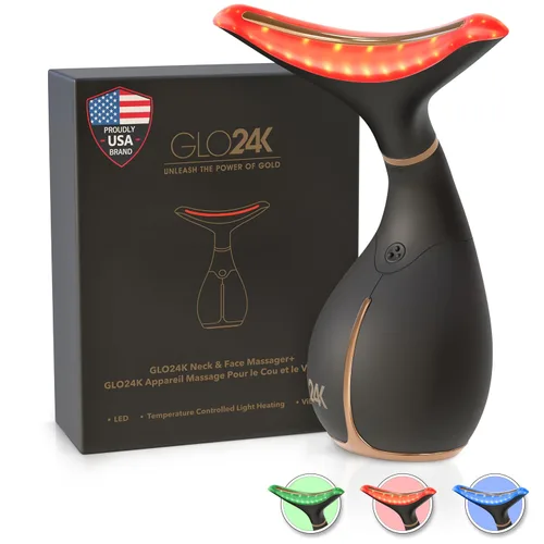 GLO24K - Dispositivo de belleza facial y cuello con luz roja, herramienta de masajeador facial 3 en 1 con LED y vibración para revitalización de la