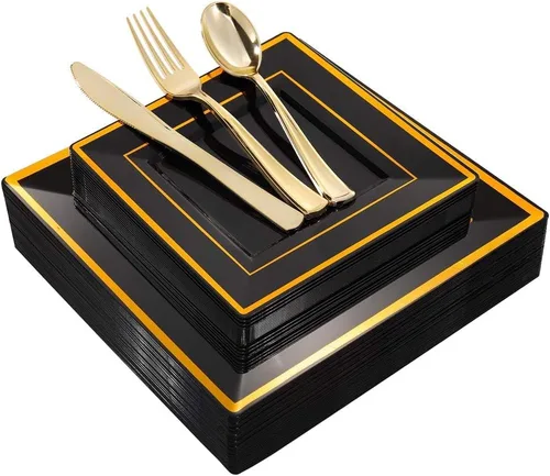 Miniatura 15 de WDF 125 platos negros desechables con borde dorado y cubiertos desechables de plástico dorado para Halloween, 50 platos de graduación, 25 tenedores