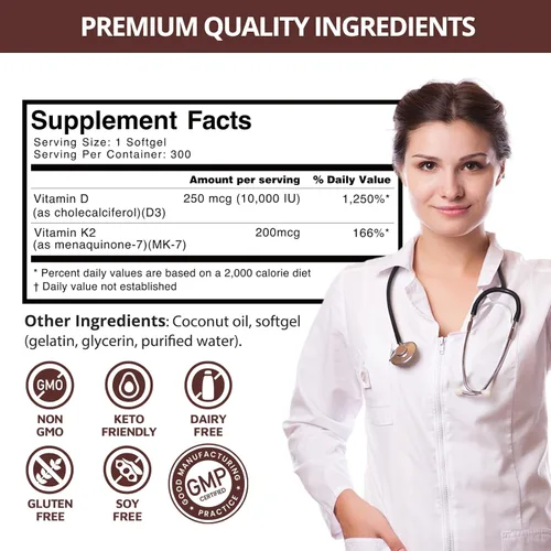 Miniatura 8 de 300 Piezas 2 en 1 Vitamina D3 10000 iu Plus K2 (MK-7) 200 mcg Cápsulas Blandas de Aceite de Coco Virgen con Vitaminas D y K Apoya la Absorción
