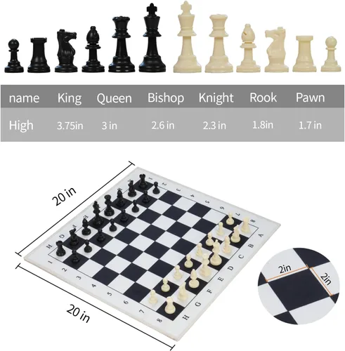 Miniatura 7 de Juego de ajedrez de 20 pulgadas para niños y adultos, alfombrilla de ajedrez plegable con 3.75 pulgadas King, 32 piezas + 2 reinas adicionales
