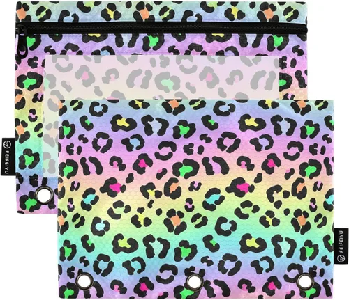 Gredecor Estuche para lápices con 3 anillas, color neón, degradado, leopardo, con cremallera, 2 unidades, organizador de carpetas transparentes para