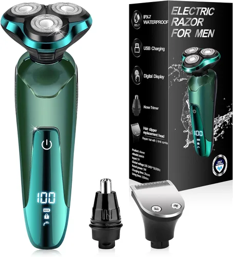 Maquinilla de afeitar eléctrica para hombres, afeitadoras eléctricas para rostros de hombres, hoja desmontable 3D giratoria para afeitar con Verde